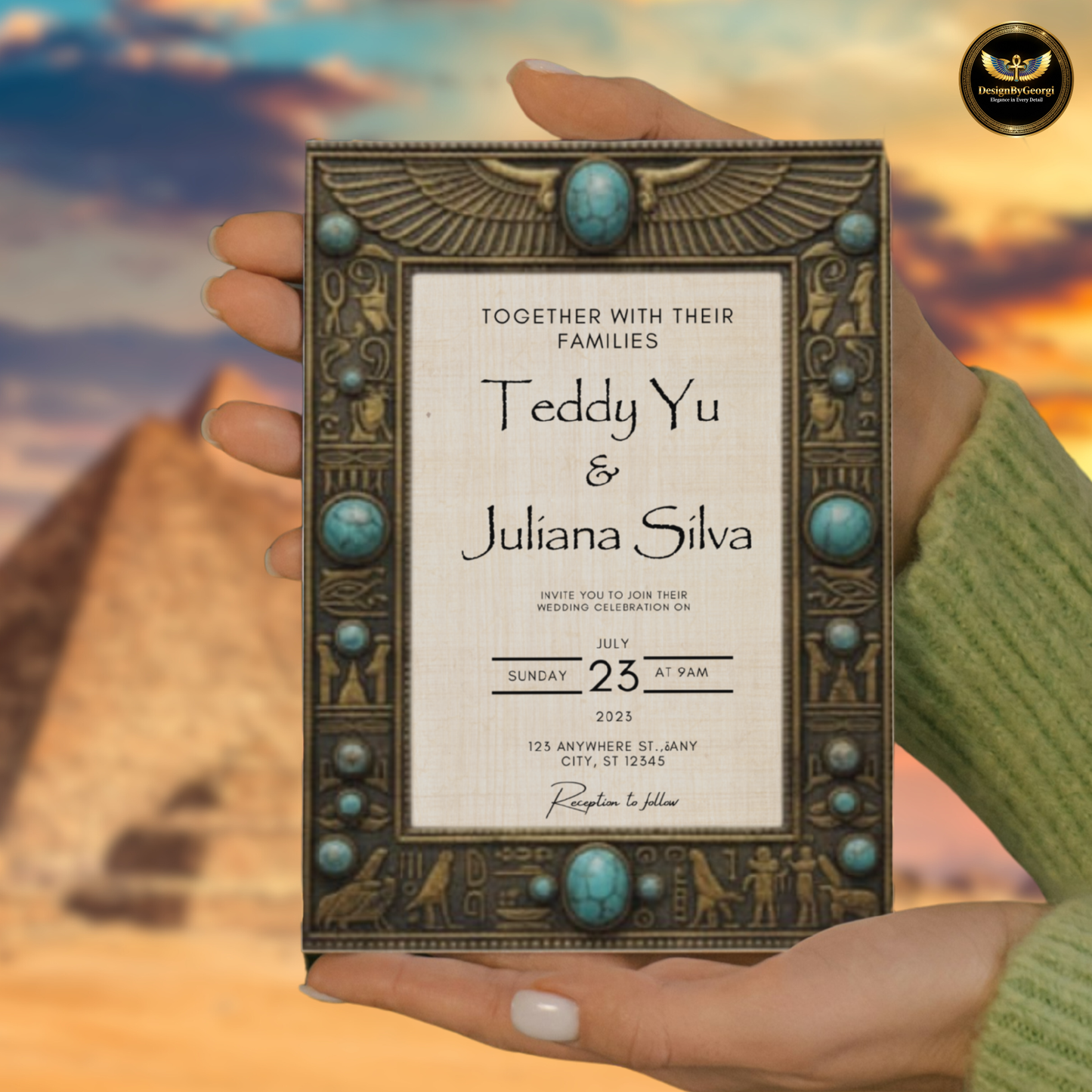 Vintage frame – Turquoise jewelry – Creamy papyrus background – Egyptian luxury style