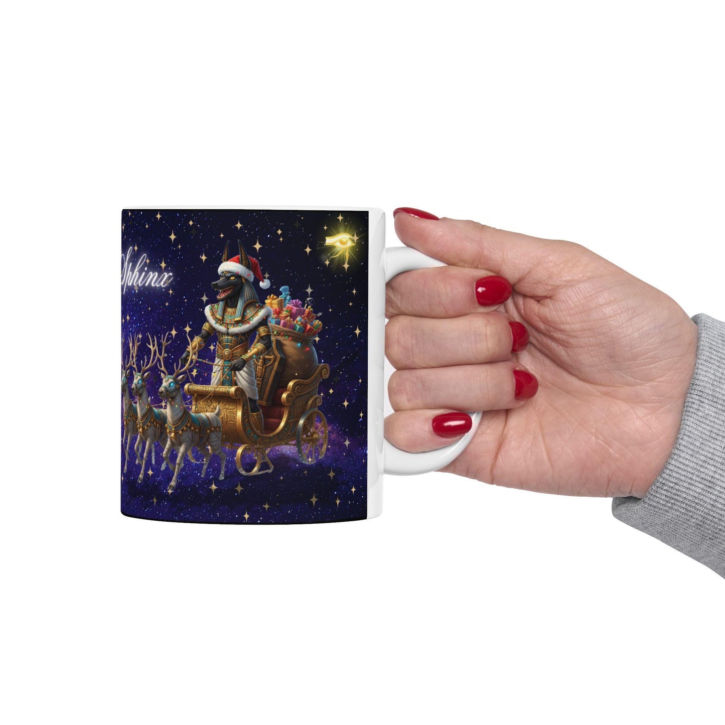 Egyptian Christmas Mug - Anubis Santa Sphinx Holiday Cup - Unique Pharaoh Christmas GiftMerry Sleigh Night reindeer sleigh Mug | Christmas