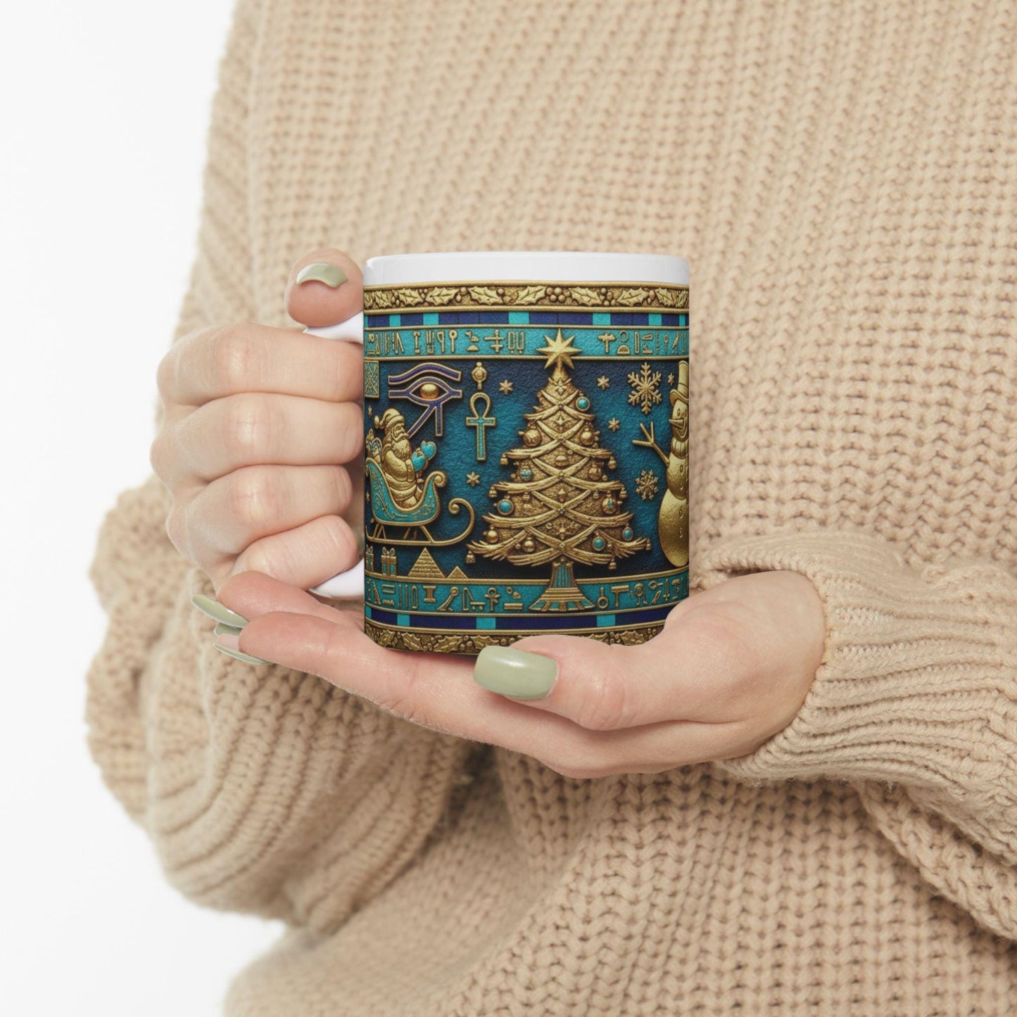 Gold Snowman and Christmas Tree Mug | Blue Vintage Holiday Ceramic Mug with Egyptian Blue & Pharaonic Accents