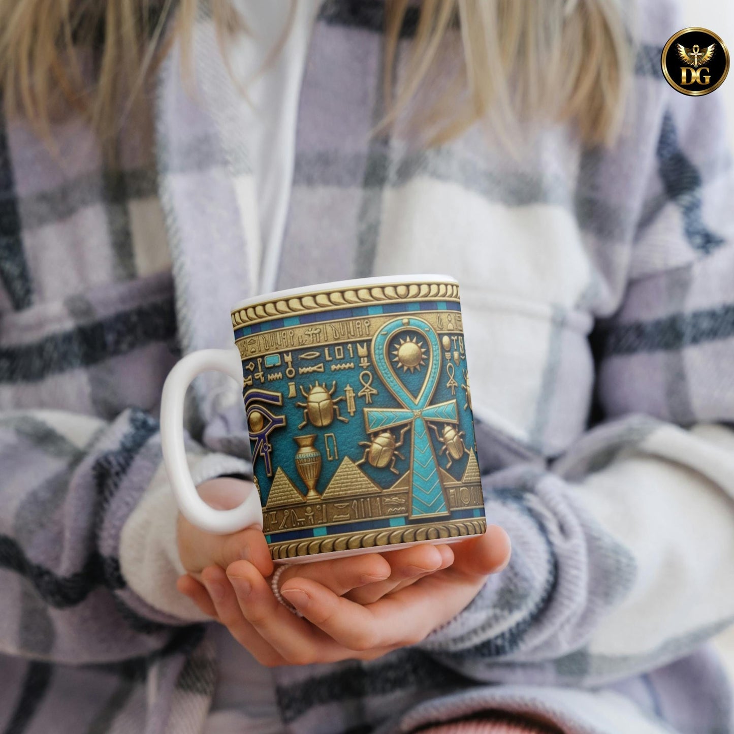 Egyptian Ankh and Eye Mug | Ancient Egyptian Hieroglyphics, Scarab and Pyramid Design