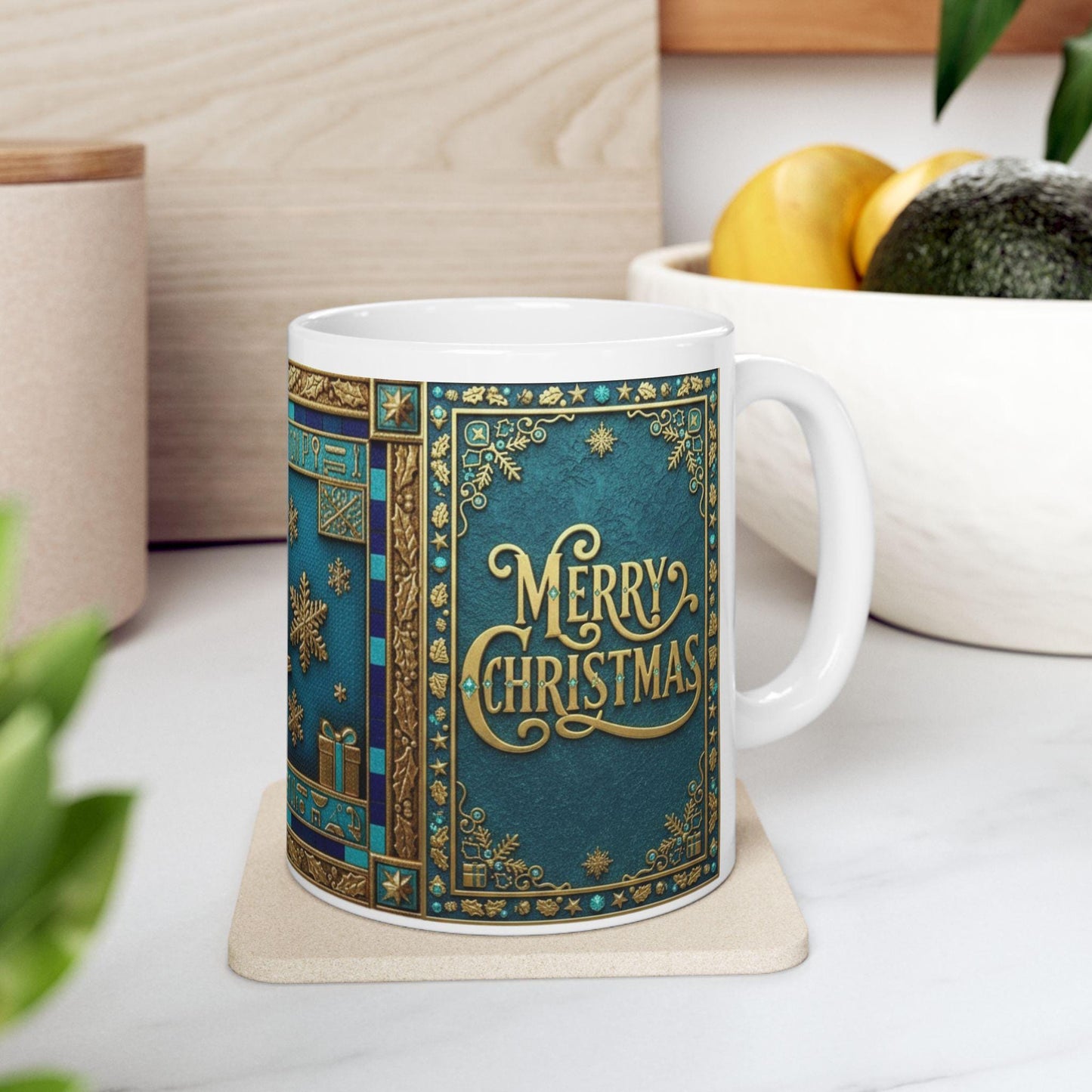 Vintage Ice Skates Christmas Mug | Holiday Snowflake Ceramic MugGilded Holiday Mug with Egyptian Blue & Pharaonic Accents