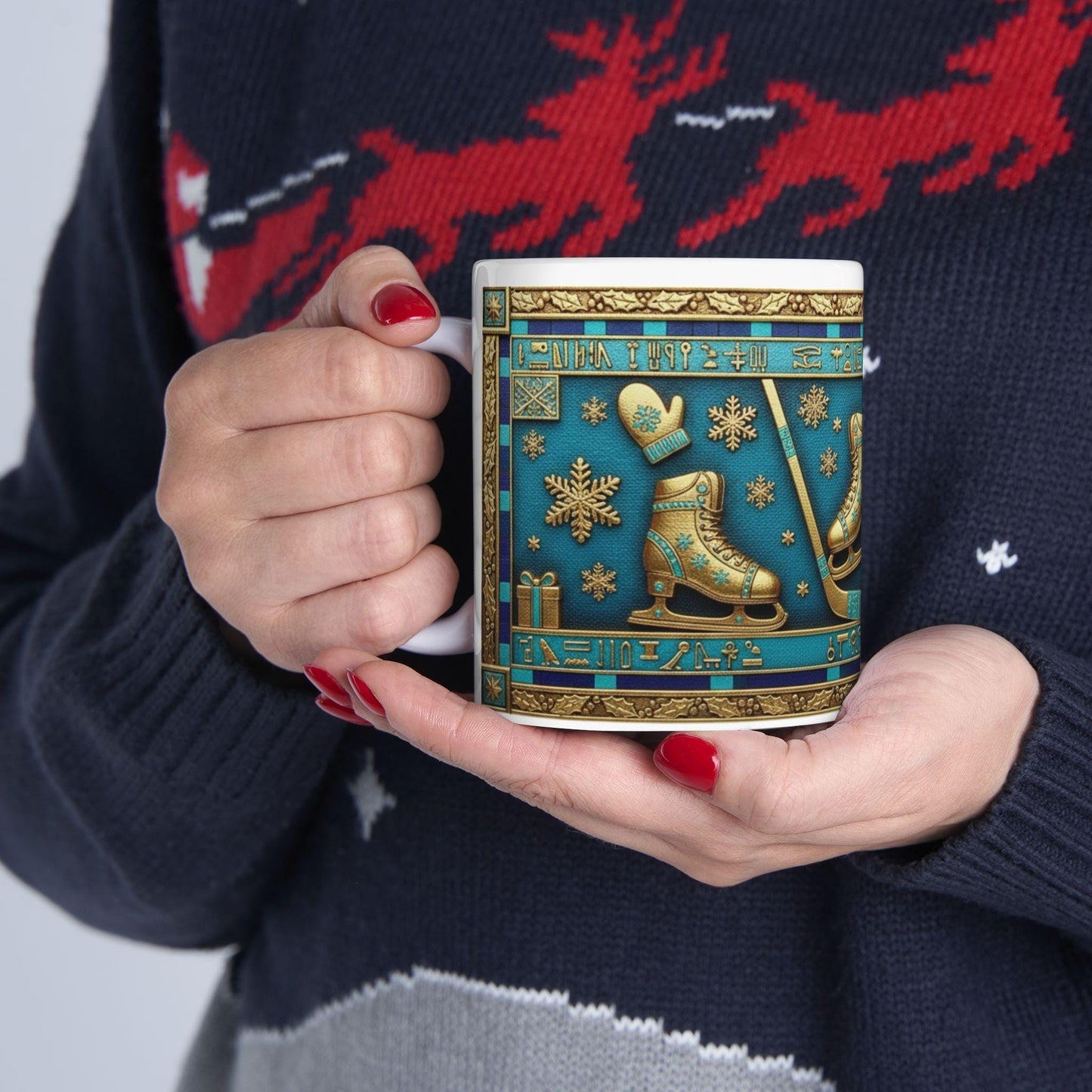 Vintage Ice Skates Christmas Mug | Holiday Snowflake Ceramic MugGilded Holiday Mug with Egyptian Blue & Pharaonic Accents