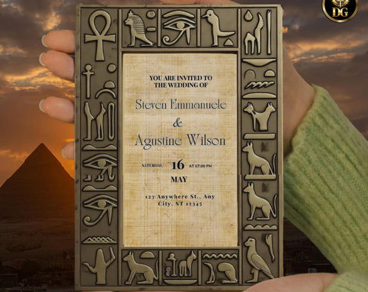 Egyptian Pharaoh Wedding Invitation Template Digital Editable Hieroglyphic Card GEM Grand Opening Theme Ancient Golden Frame 5x7 & 1080x1920