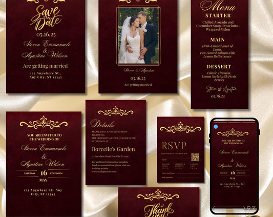 Editable Burgundy and Gold Wedding Invitation Suite, Luxury Wedding Template Bundle with Matching Welcome Sign, Printable Wedding Set