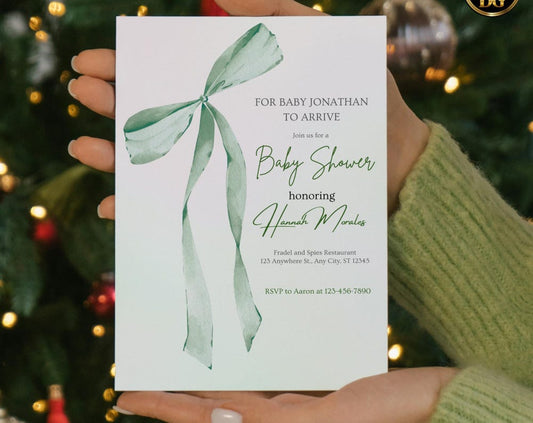 Pastel Mint Green Pink Baby Shower Invitation Template | Editable Canva Digital | Long Ribbon Bow Diaper Raffle, Books for Baby Suite