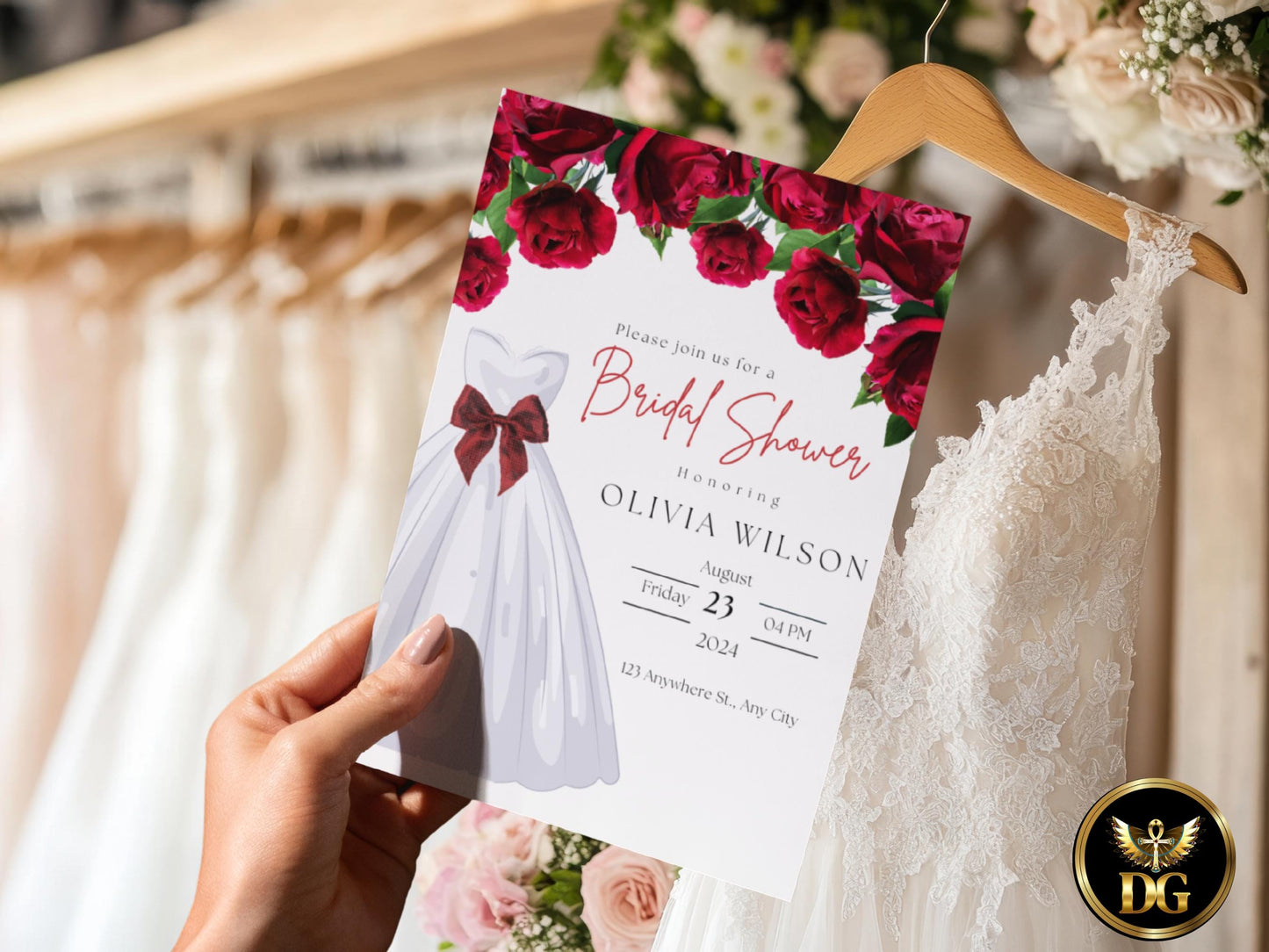 Red Roses Bridal Shower Invitation: Wedding Dress, Editable Template (Digital Download) Printable Invitation Template Editable Canva Instant