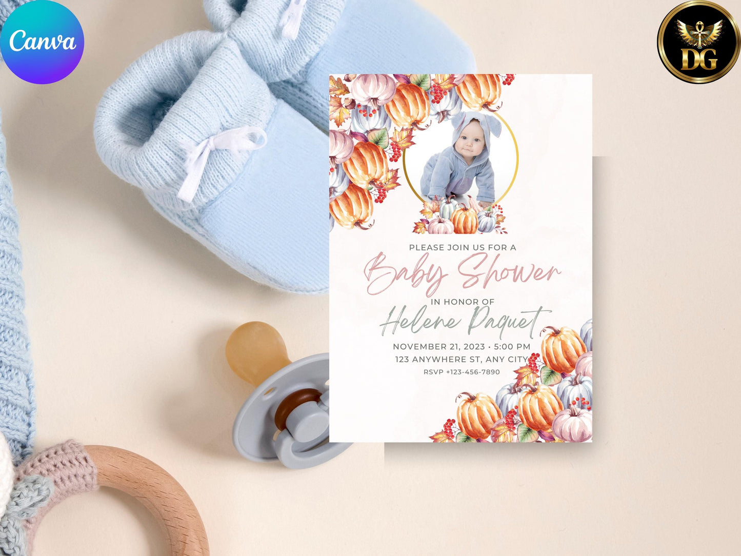 Watercolor Pumpkin Baby Shower Invitation: Editable Photo Template (Digital Download)Printable Invitation Template Editable Canva Instant