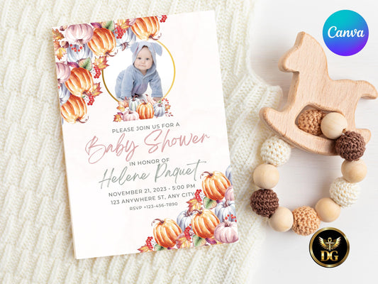 Watercolor Pumpkin Baby Shower Invitation: Editable Photo Template (Digital Download)Printable Invitation Template Editable Canva Instant