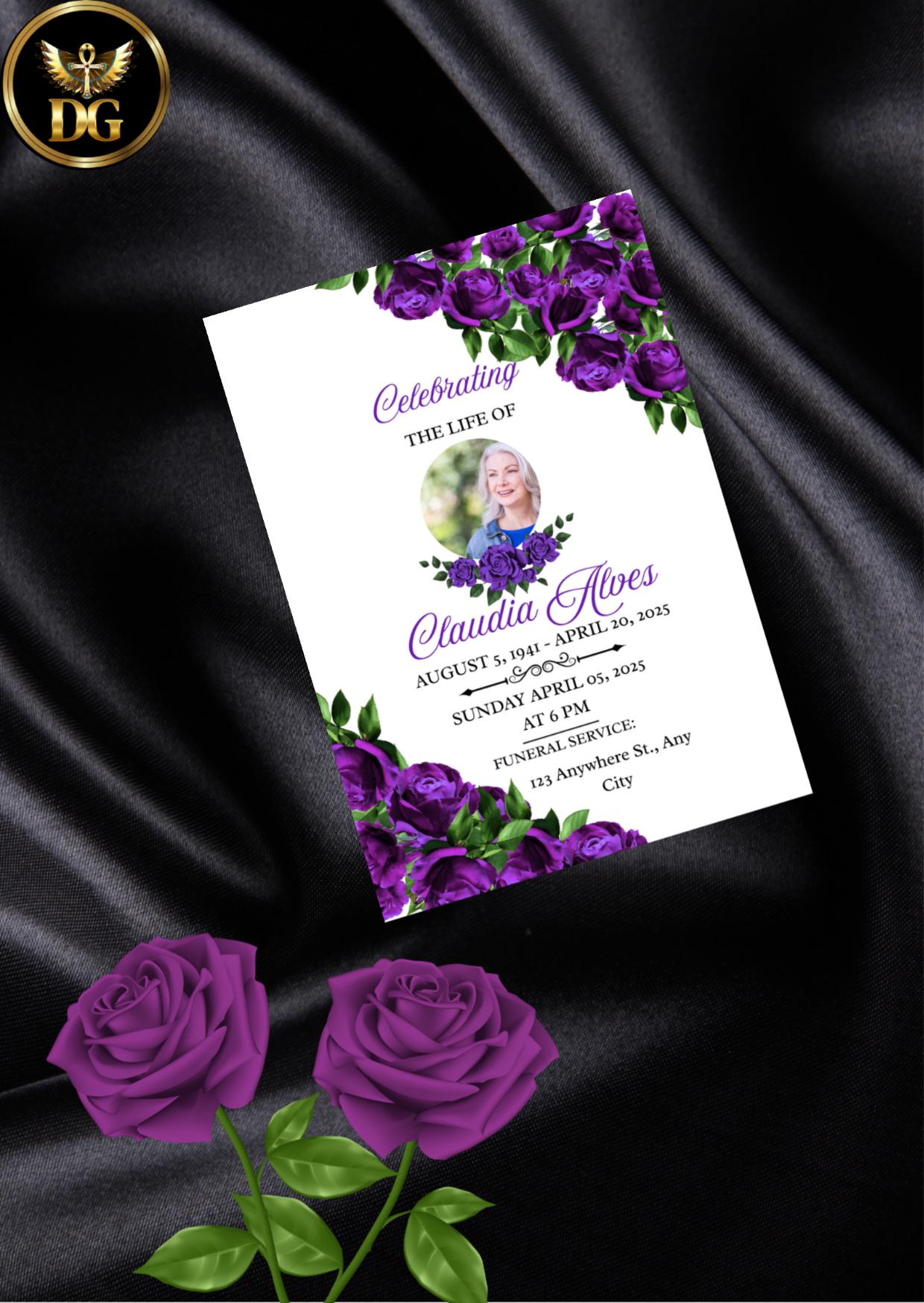 Purple Roses Memorial Invitation Elegant Celebration of Life Template(Digital Download, Canva Template)Printable Invitation TemplateEditable