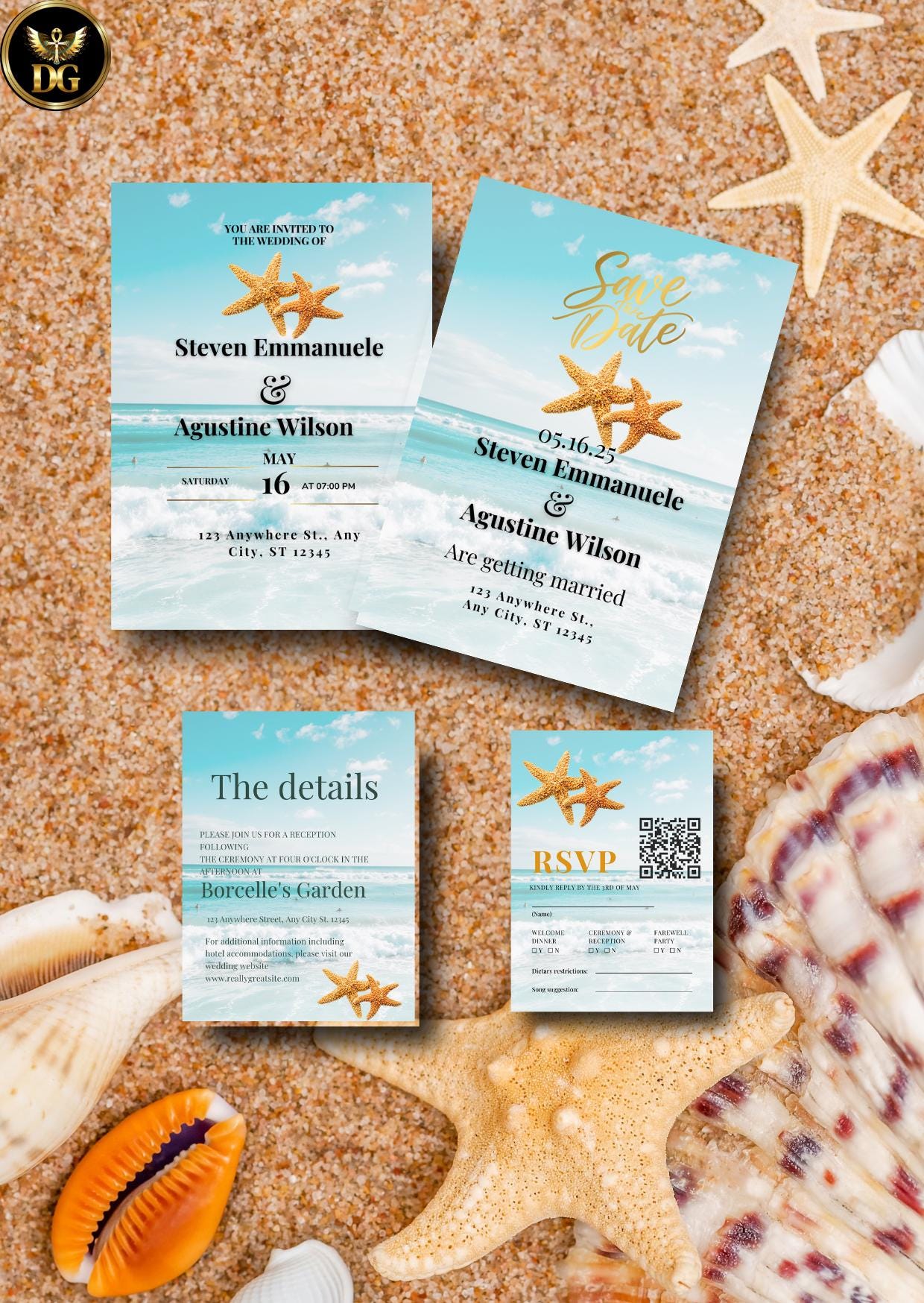 Starfish Beach Wedding Invitation Suite: Editable Ocean Invite (Digital Download Canva Template) Printable Invitation Template Editable