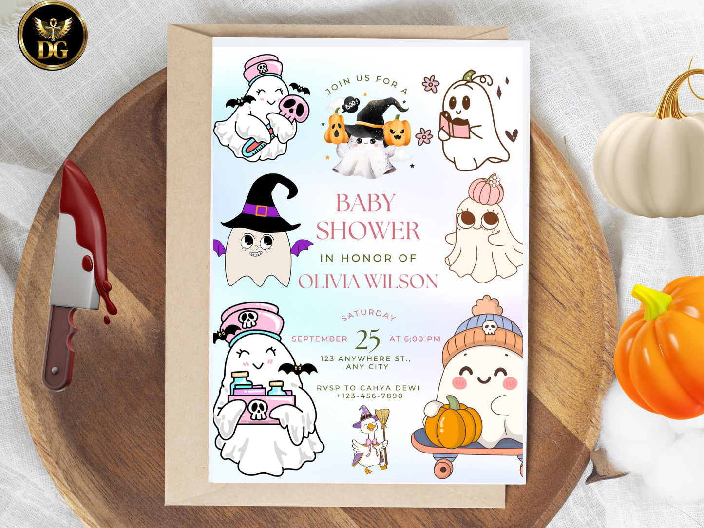 Baby Shower Invitation: Spooky Ghost  Halloween Theme (Digital Download) Printable Invitation Template Editable Canva Instant Download