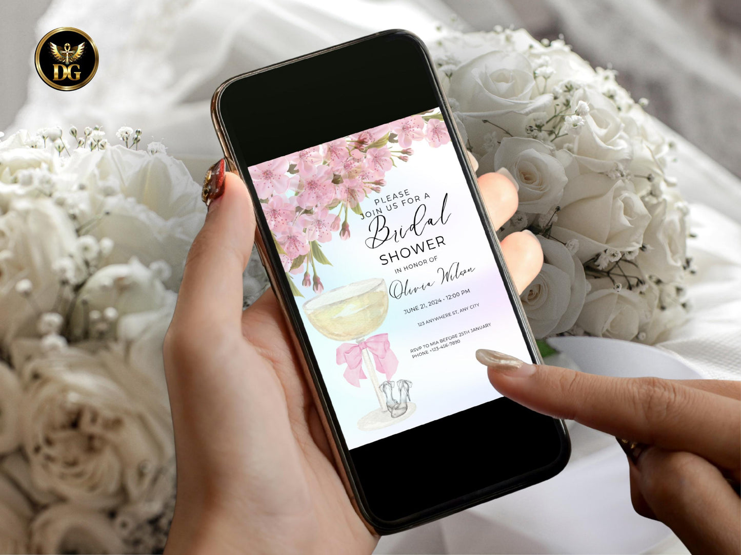 Bridal Shower Invitation Cherry Blossom: Pink Champagne, Editable Template Printable Invitation Template Editable Canva Instant Download