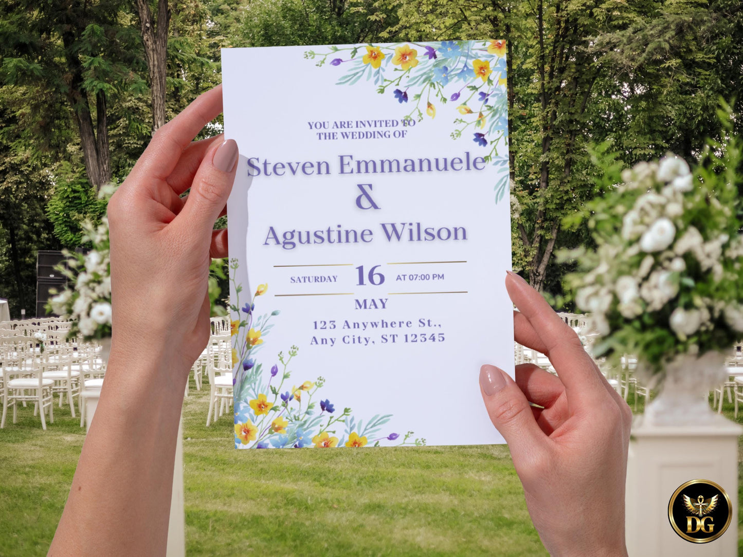 Wedding Invitation set Blue & Yellow Daisy : Editable Floral Template Digital Download Printable Invitation Template Editable Canva Instant