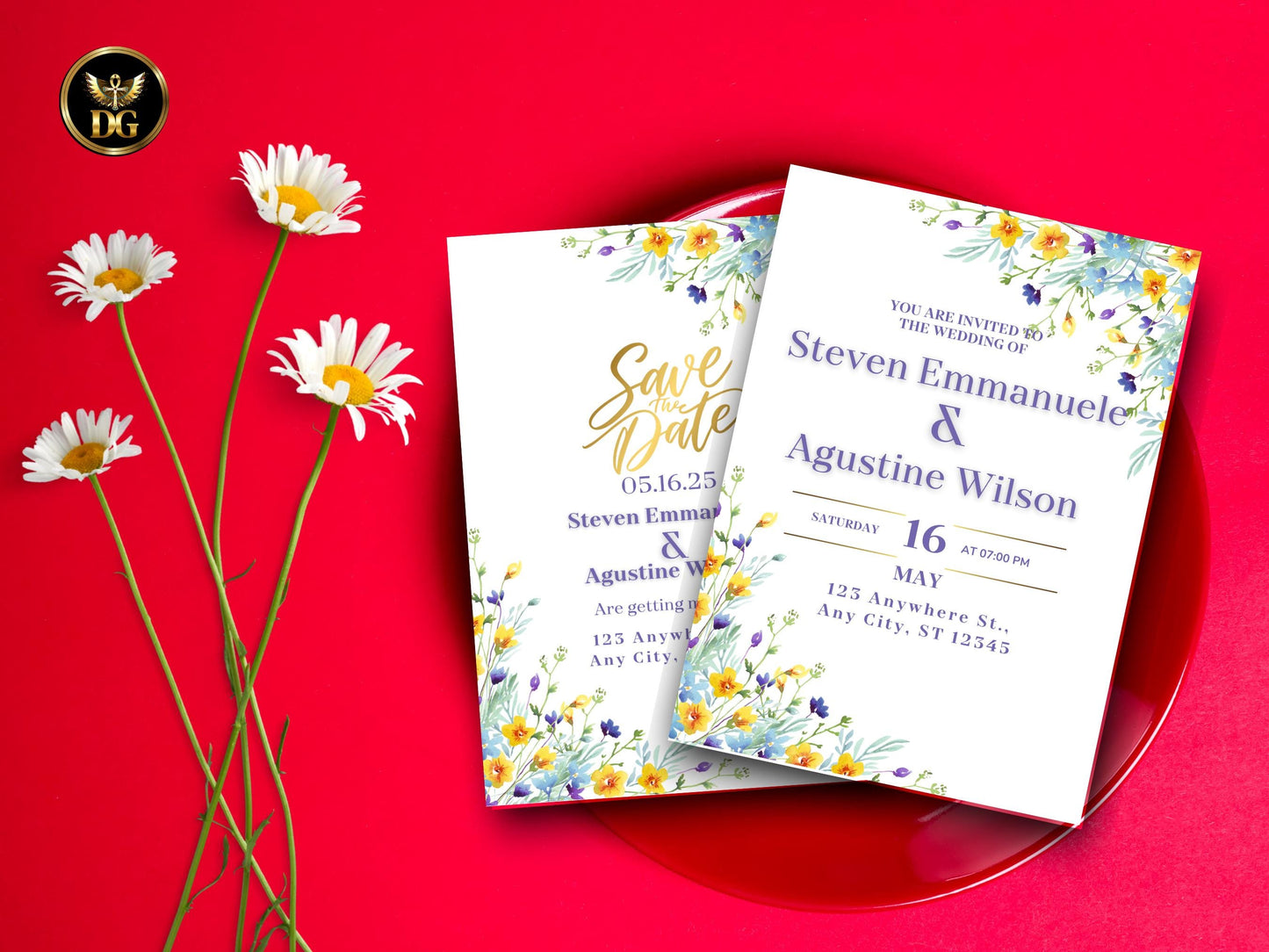 Wedding Invitation set Blue & Yellow Daisy : Editable Floral Template Digital Download Printable Invitation Template Editable Canva Instant