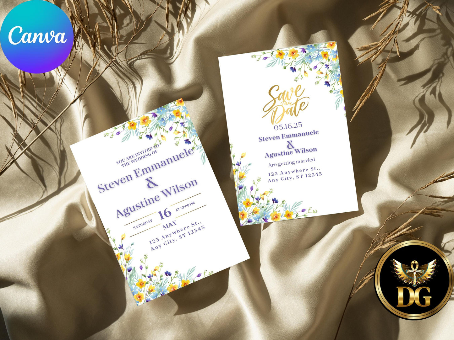 Wedding Invitation set Blue & Yellow Daisy : Editable Floral Template Digital Download Printable Invitation Template Editable Canva Instant