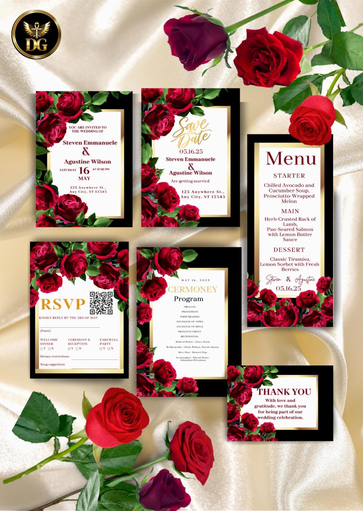 Elegant Rose Wedding Invitation Suite  Editable Canva Template | Save the Date, RSVP & More (Digital Download) Printable Invitation Template