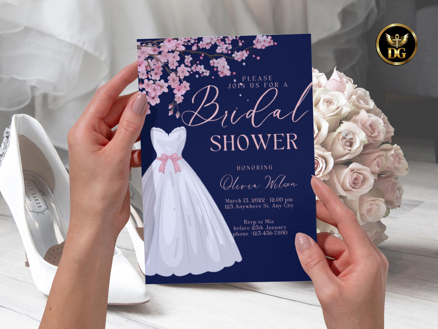 Dusty Rose Bridal Shower Invitation: Cherry Blossom, Navy Digital Template Printable Invitation Template Editable Canva Instant Download