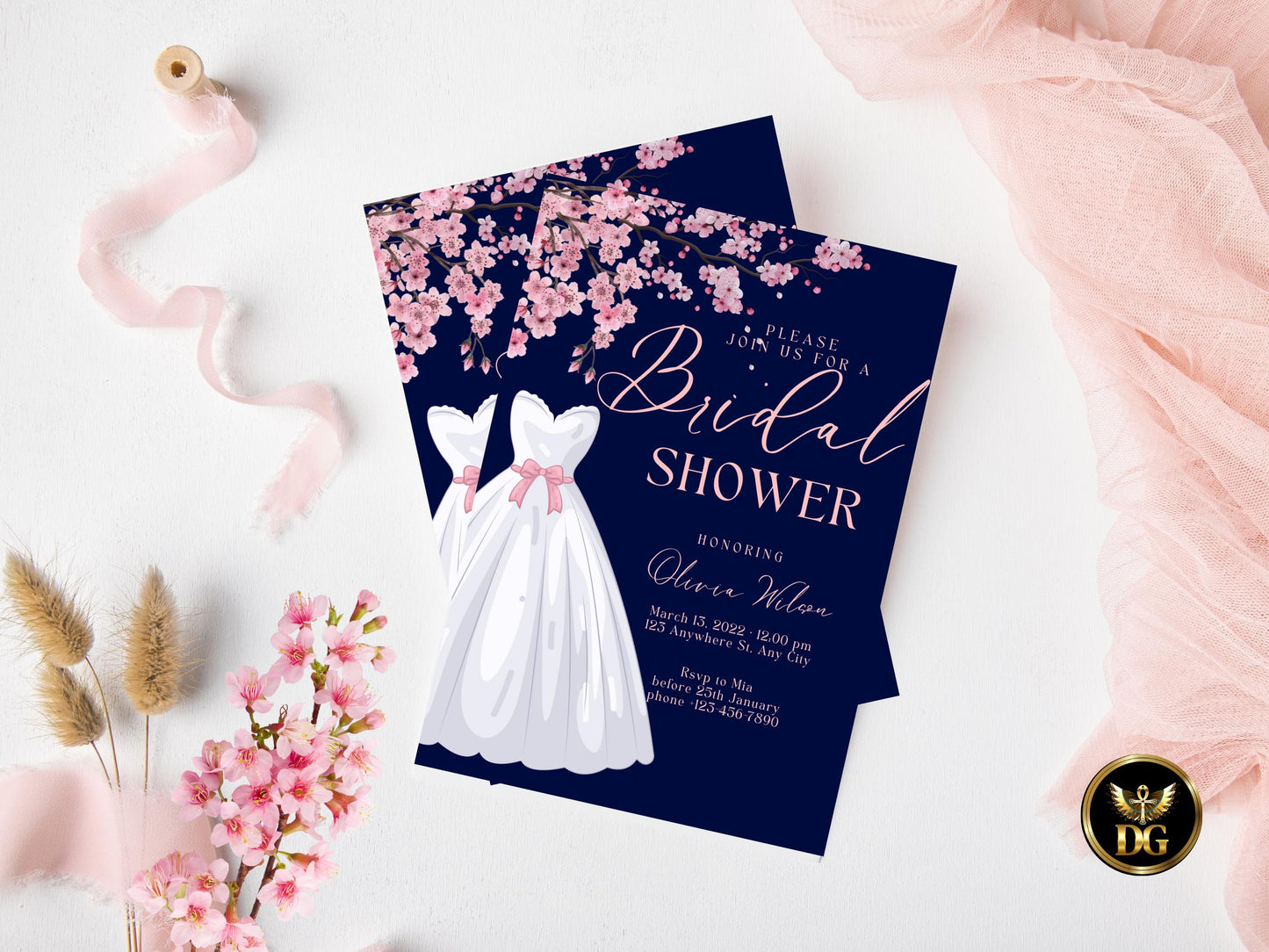 Dusty Rose Bridal Shower Invitation: Cherry Blossom, Navy Digital Template Printable Invitation Template Editable Canva Instant Download