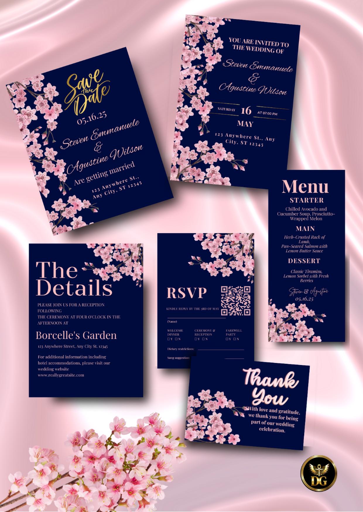 Navy CherryBlossom Wedding Invitation Suite Editable Template (Digital Download)Printable Invitation Template Editable Canva InstantDownload