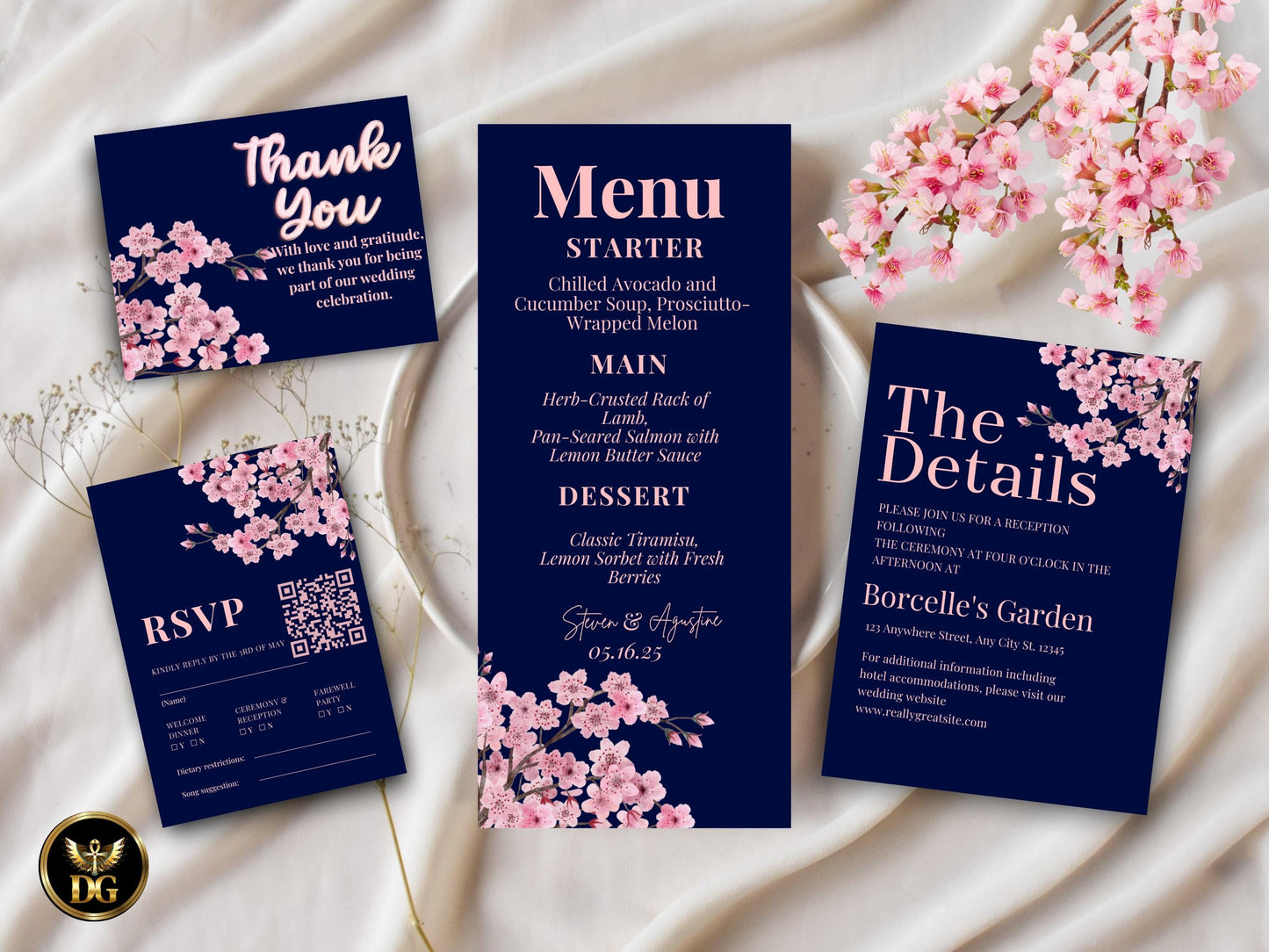Navy CherryBlossom Wedding Invitation Suite Editable Template (Digital Download)Printable Invitation Template Editable Canva InstantDownload