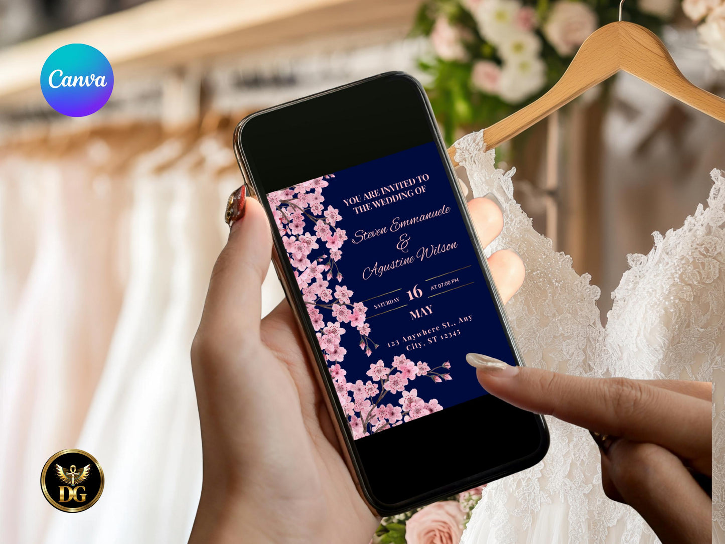 Navy CherryBlossom Wedding Invitation Suite Editable Template (Digital Download)Printable Invitation Template Editable Canva InstantDownload