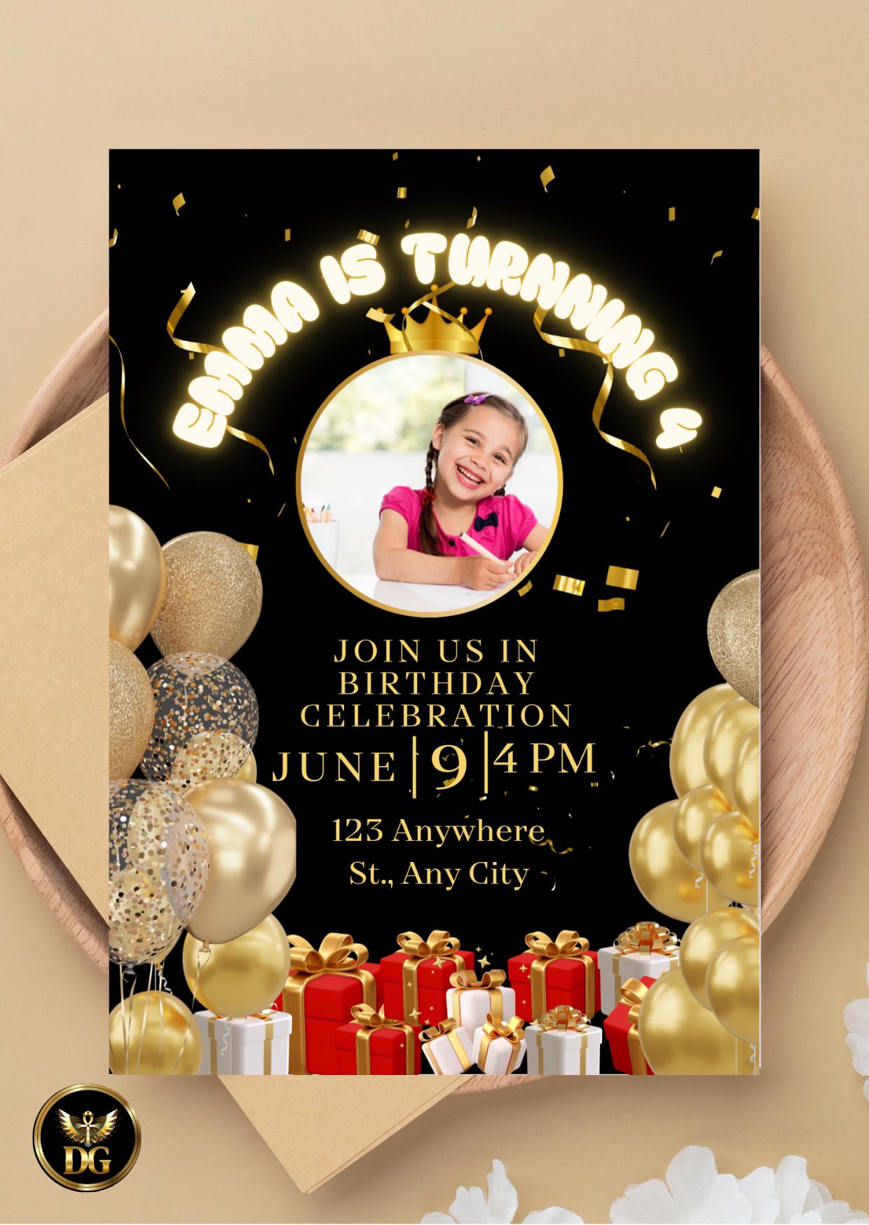 Black and Gold Birthday Invitation Template: Editable Party Invite (Digital Download, Canva Template)Printable Invitation Template Editable