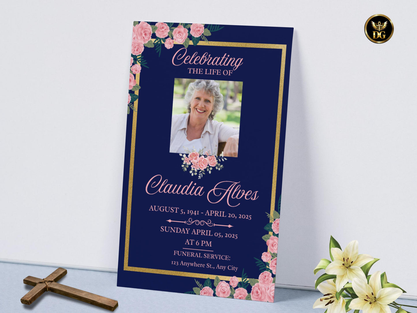 Navy&Pink Roses Funeral Invitation Template: Editable Celebration of Life Card (Digital DownloadPrintable Invitation Template Editable Canva
