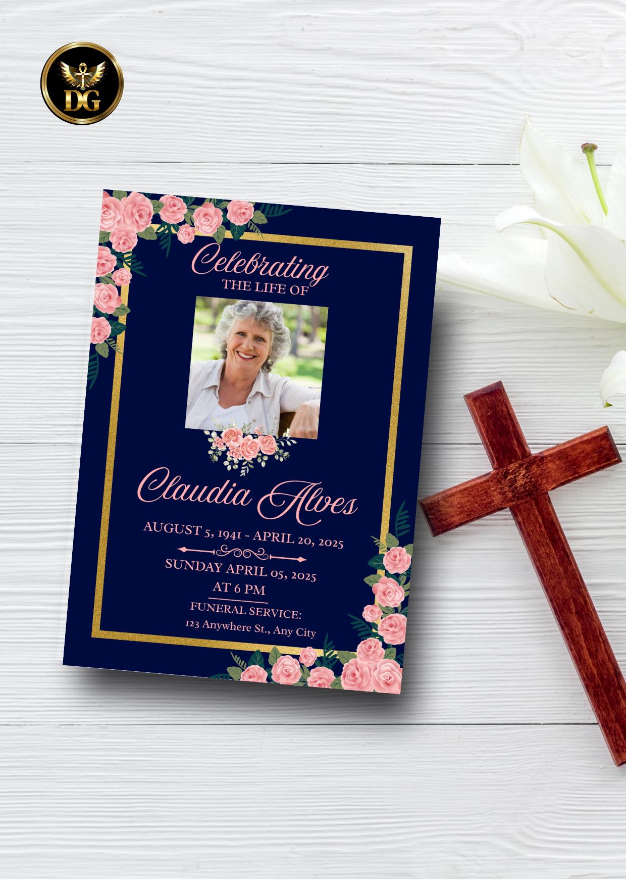 Navy&Pink Roses Funeral Invitation Template: Editable Celebration of Life Card (Digital DownloadPrintable Invitation Template Editable Canva