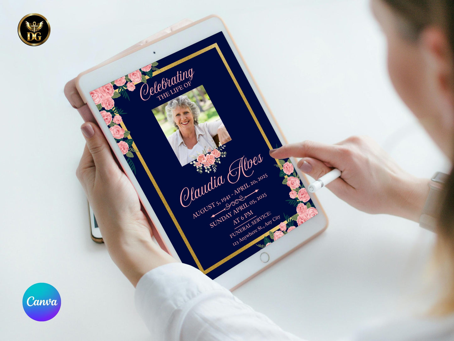 Navy&Pink Roses Funeral Invitation Template: Editable Celebration of Life Card (Digital DownloadPrintable Invitation Template Editable Canva