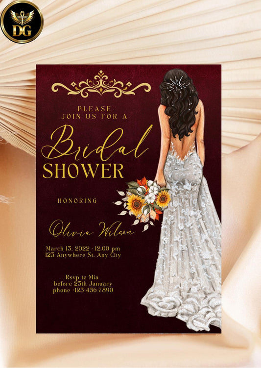 Burgundy Floral Bridal Shower Invitation Template: Sunflower Bohemian Evite (Digital Download Printable Invitation Template Editable Canva