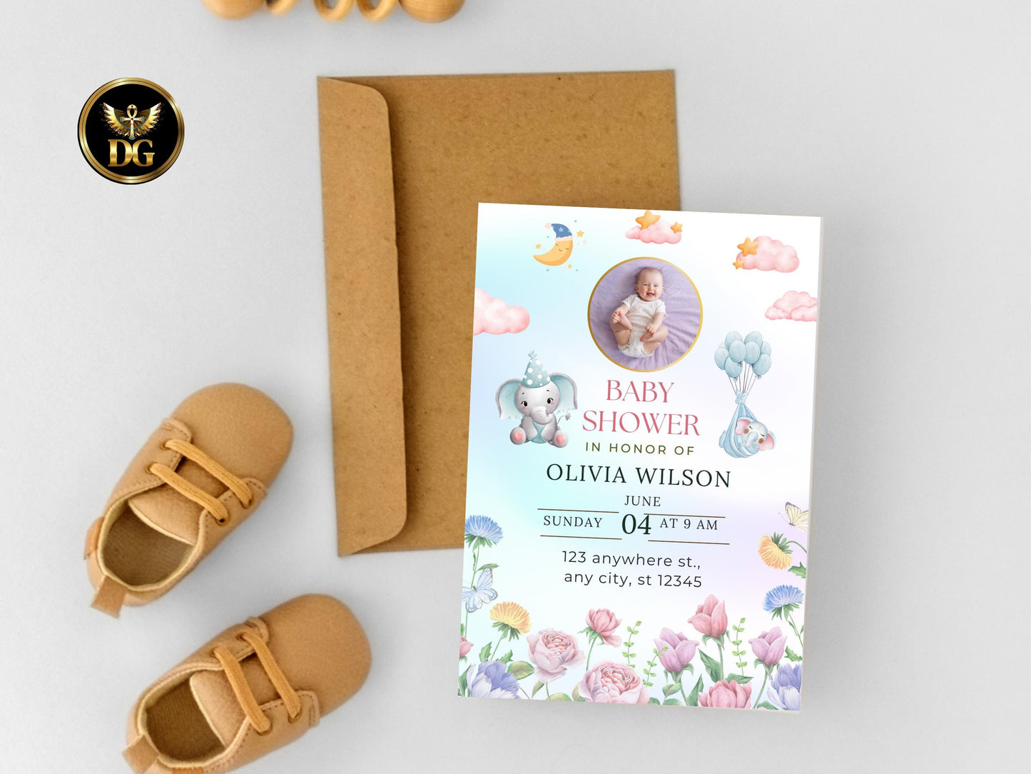 Floral Elephant Baby Shower Invitation:Editable Photo Template Digital Download Printable Invitation Template Editable Canva InstantDownload