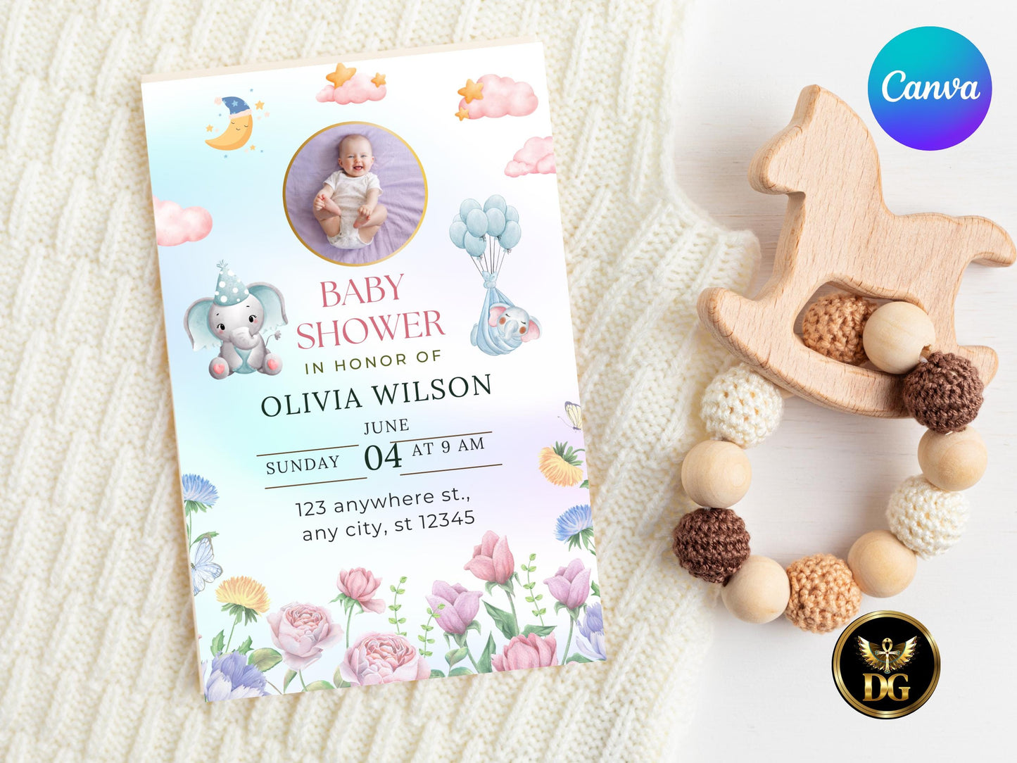 Floral Elephant Baby Shower Invitation:Editable Photo Template Digital Download Printable Invitation Template Editable Canva InstantDownload