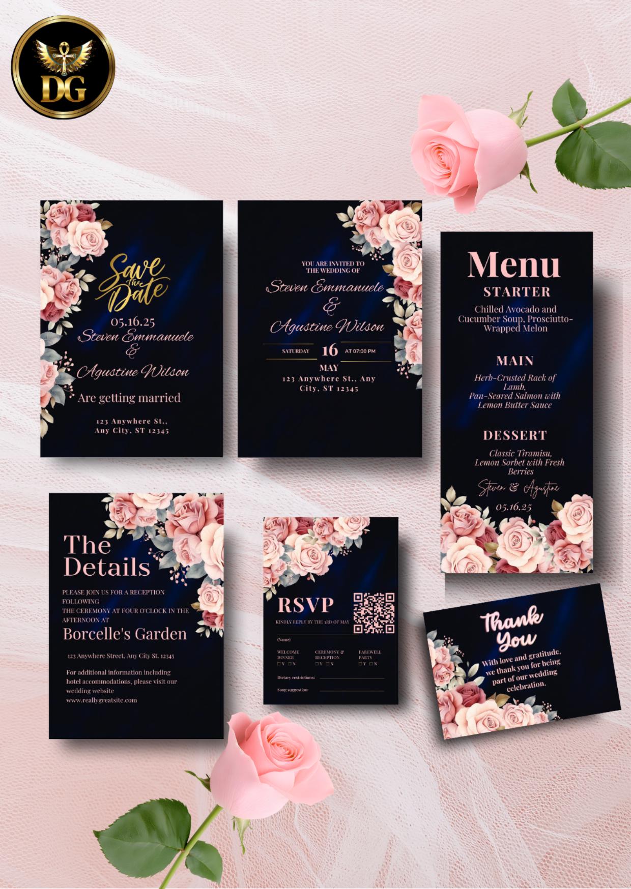 Elegant Pink Rose Wedding Invitation Suite Gold  Velvet Navy (Digital Download)Printable Invitation Template Editable Canva Instant Download