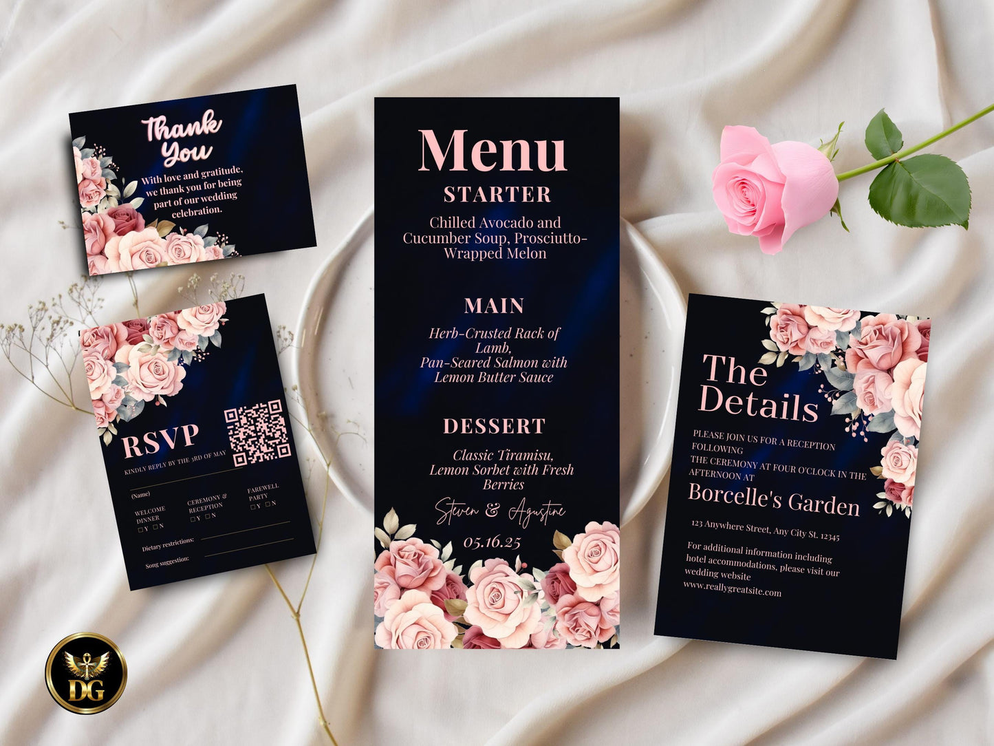 Elegant Pink Rose Wedding Invitation Suite Gold  Velvet Navy (Digital Download)Printable Invitation Template Editable Canva Instant Download