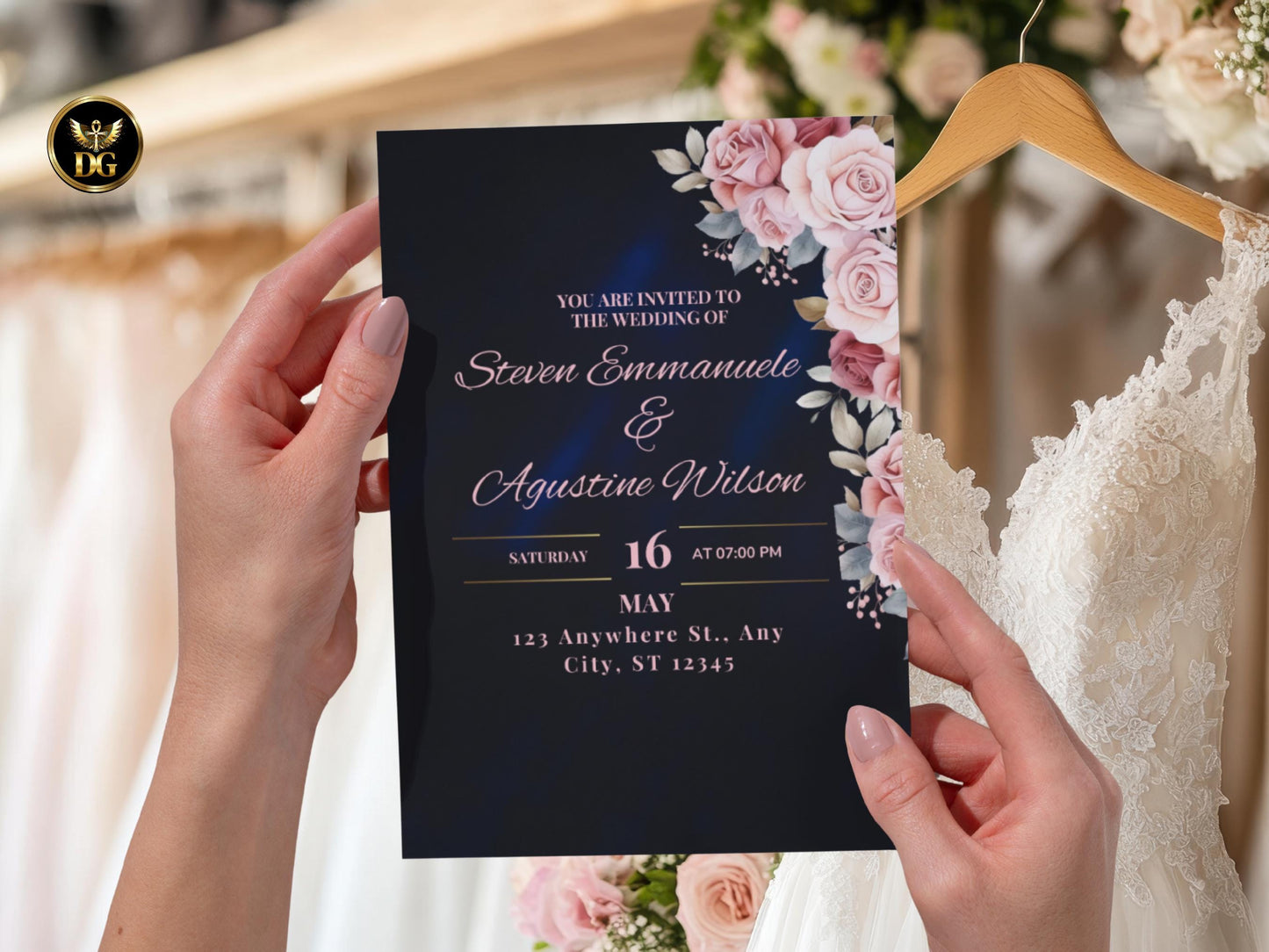 Elegant Pink Rose Wedding Invitation Suite Gold  Velvet Navy (Digital Download)Printable Invitation Template Editable Canva Instant Download