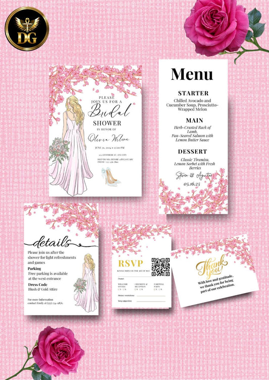 Elegant Bridal Shower Invitation Suite Template - Pink Cherry Blossom, Gold Accents, Editable Digital Download Printable Invitation Template