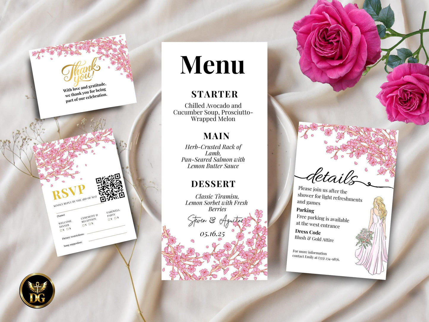 Elegant Bridal Shower Invitation Suite Template - Pink Cherry Blossom, Gold Accents, Editable Digital Download Printable Invitation Template