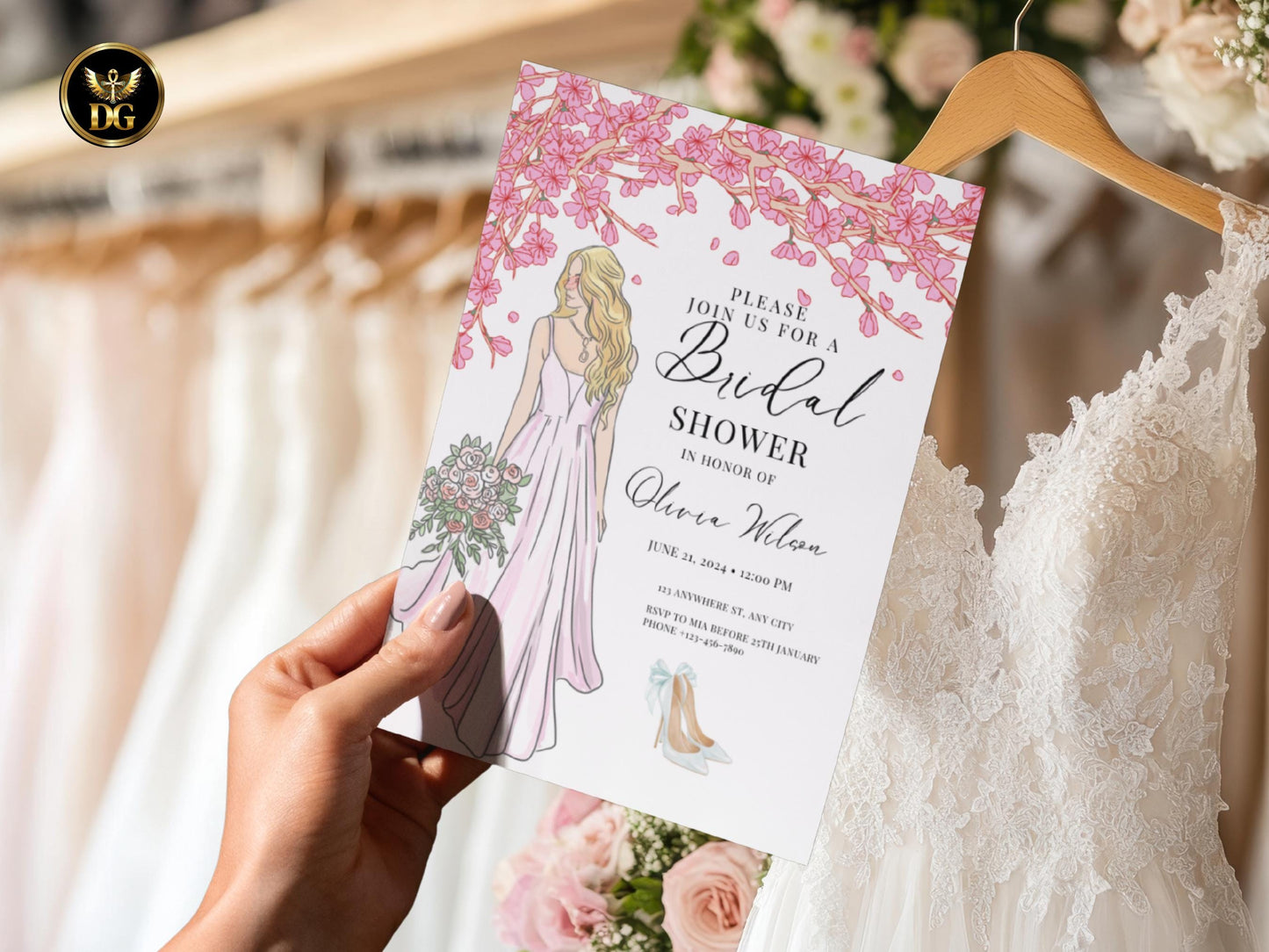 Elegant Bridal Shower Invitation Suite Template - Pink Cherry Blossom, Gold Accents, Editable Digital Download Printable Invitation Template