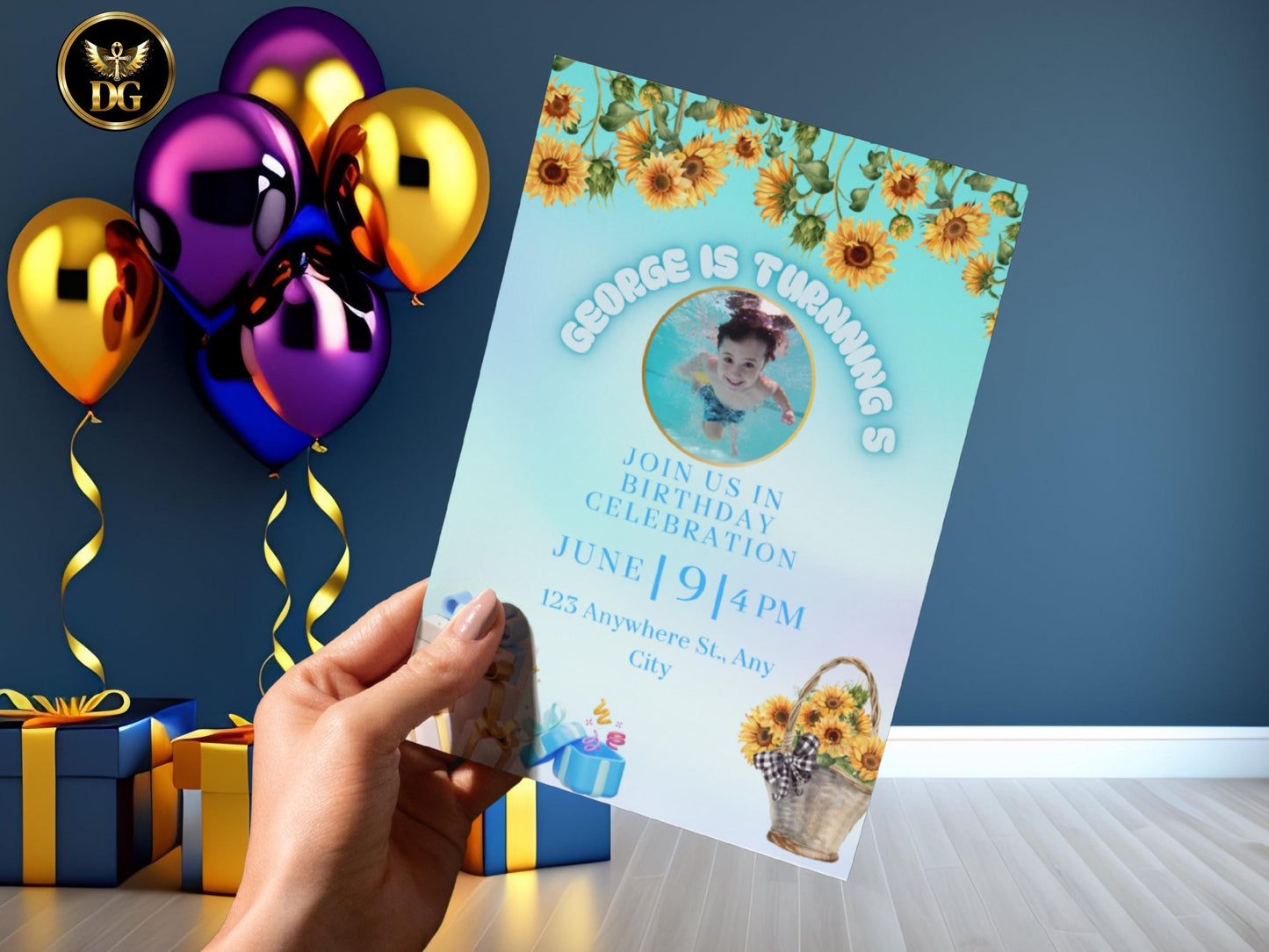 Custom Sunflower Photo Birthday Invitation Cheerful Kids Party Digital Download Printable Invitation Template Editable Canva InstantDownload