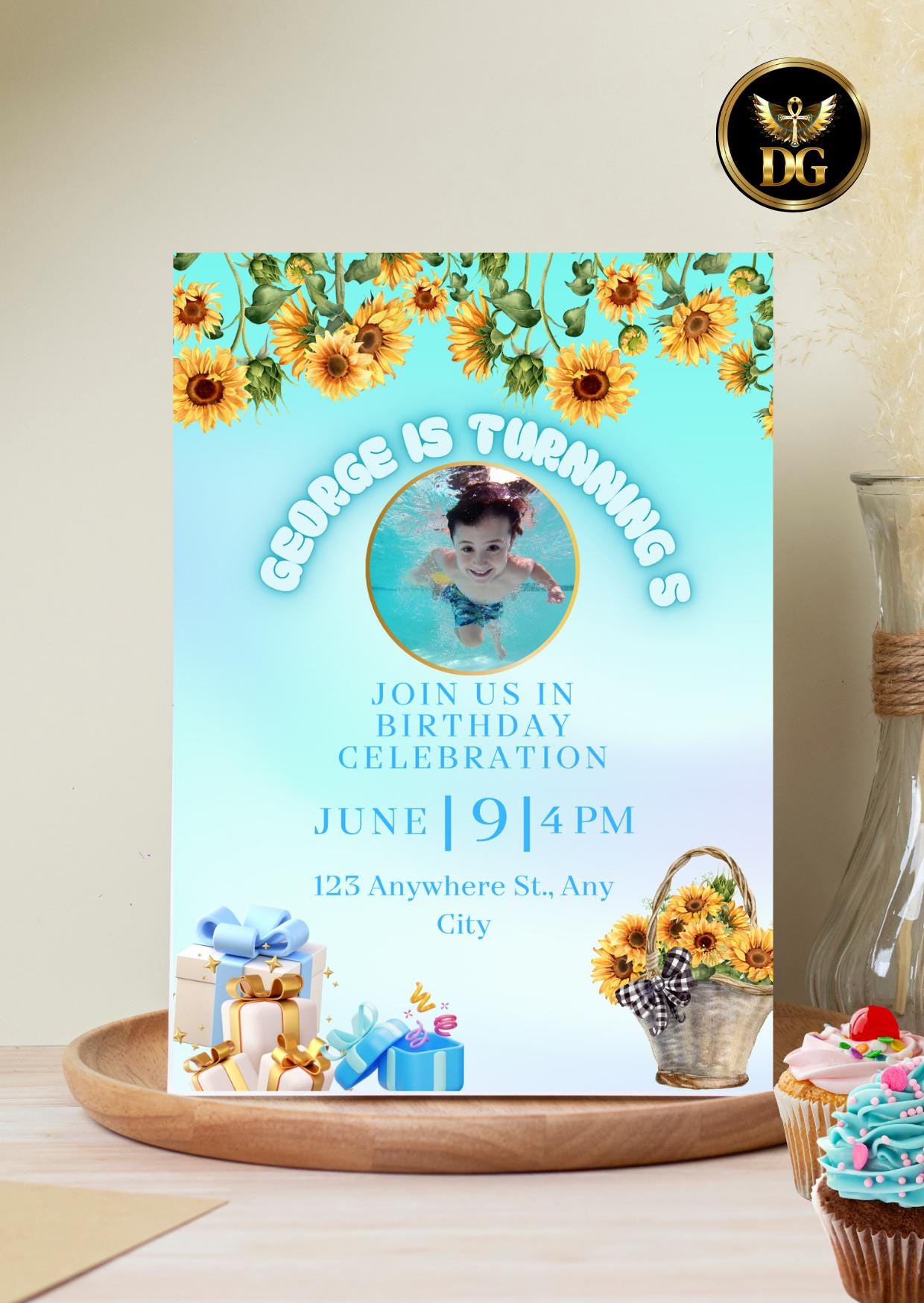 Custom Sunflower Photo Birthday Invitation Cheerful Kids Party Digital Download Printable Invitation Template Editable Canva InstantDownload