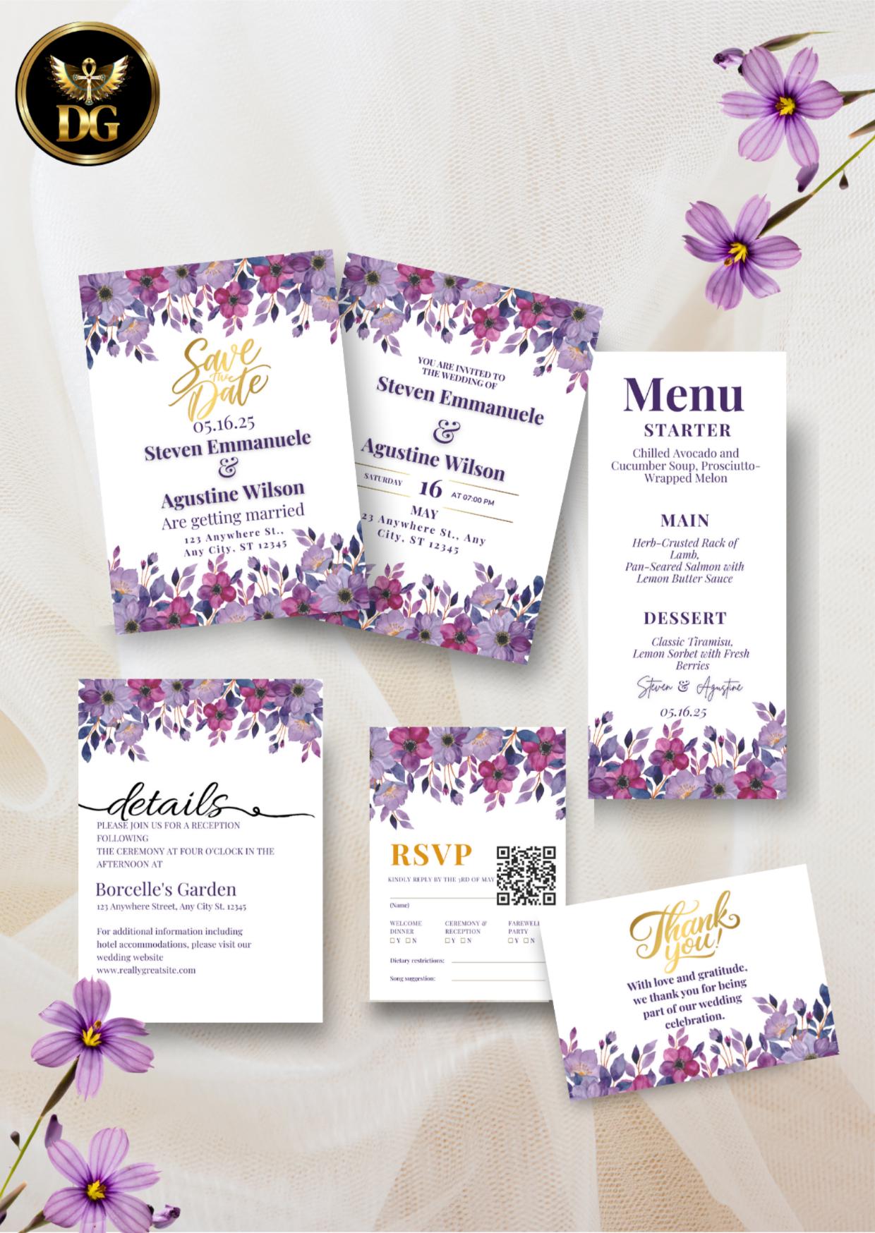 Purple Floral Wedding Invitation Suite Editable Canva Template Digital Download Printable Invitation Template Editable Canva InstantDownload