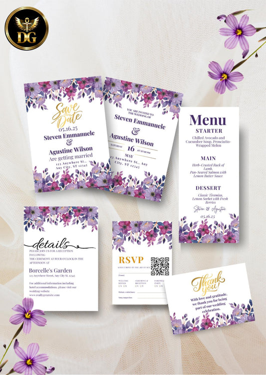 Purple Floral Wedding Invitation Suite Editable Canva Template Digital Download Printable Invitation Template Editable Canva InstantDownload