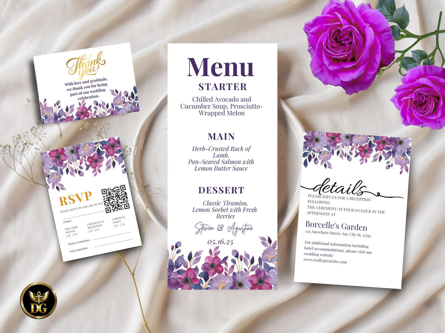 Purple Floral Wedding Invitation Suite Editable Canva Template Digital Download Printable Invitation Template Editable Canva InstantDownload