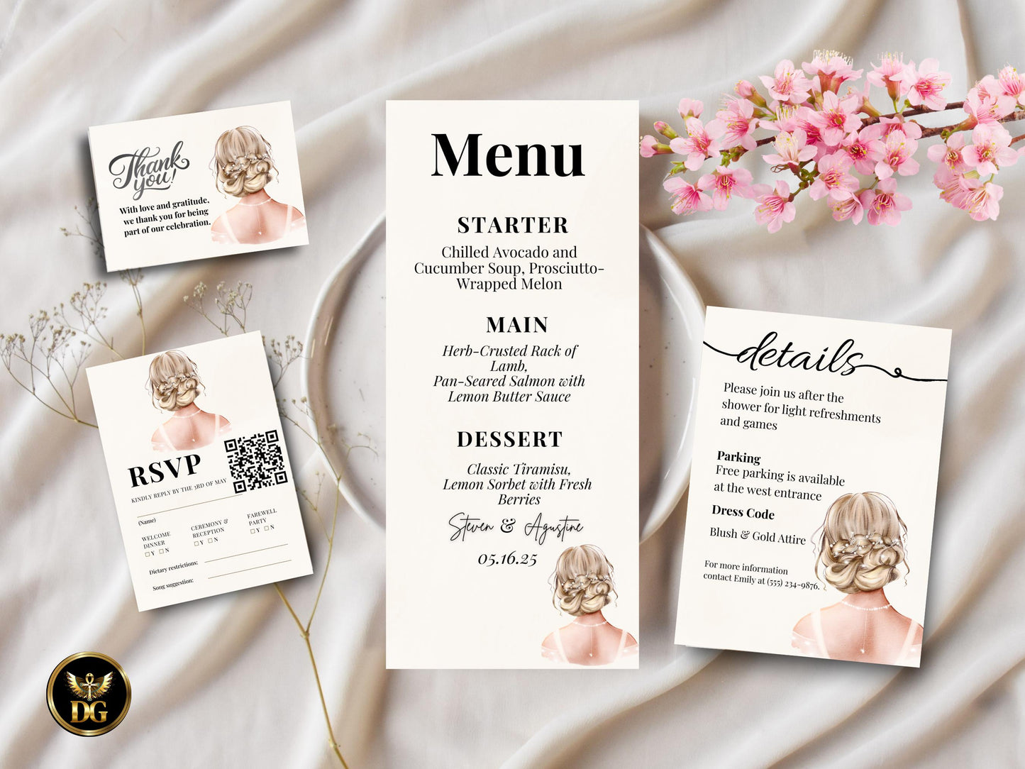 Elegant Bridal Shower Invitation Suite: Bride Illustration (Digital Download) Printable Invitation Template Editable Canva Instant Download