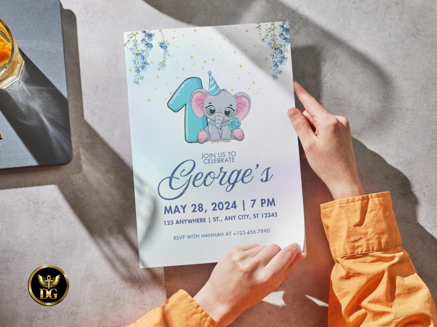 Elephant 1st Birthday Invitation: Blue Party Invite Template Digital Download Printable Invitation Template Editable Canva Instant Download
