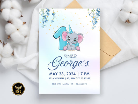 Elephant 1st Birthday Invitation: Blue Party Invite Template Digital Download Printable Invitation Template Editable Canva Instant Download