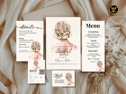 Elegant Bridal Shower Invitation Suite: Bride Illustration (Digital Download) Printable Invitation Template Editable Canva Instant Download