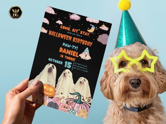 Editable Halloween Dog Birthday Invitation Ghost Pawty Invite Printable Template Printable Invitation Template Editable Instant Download