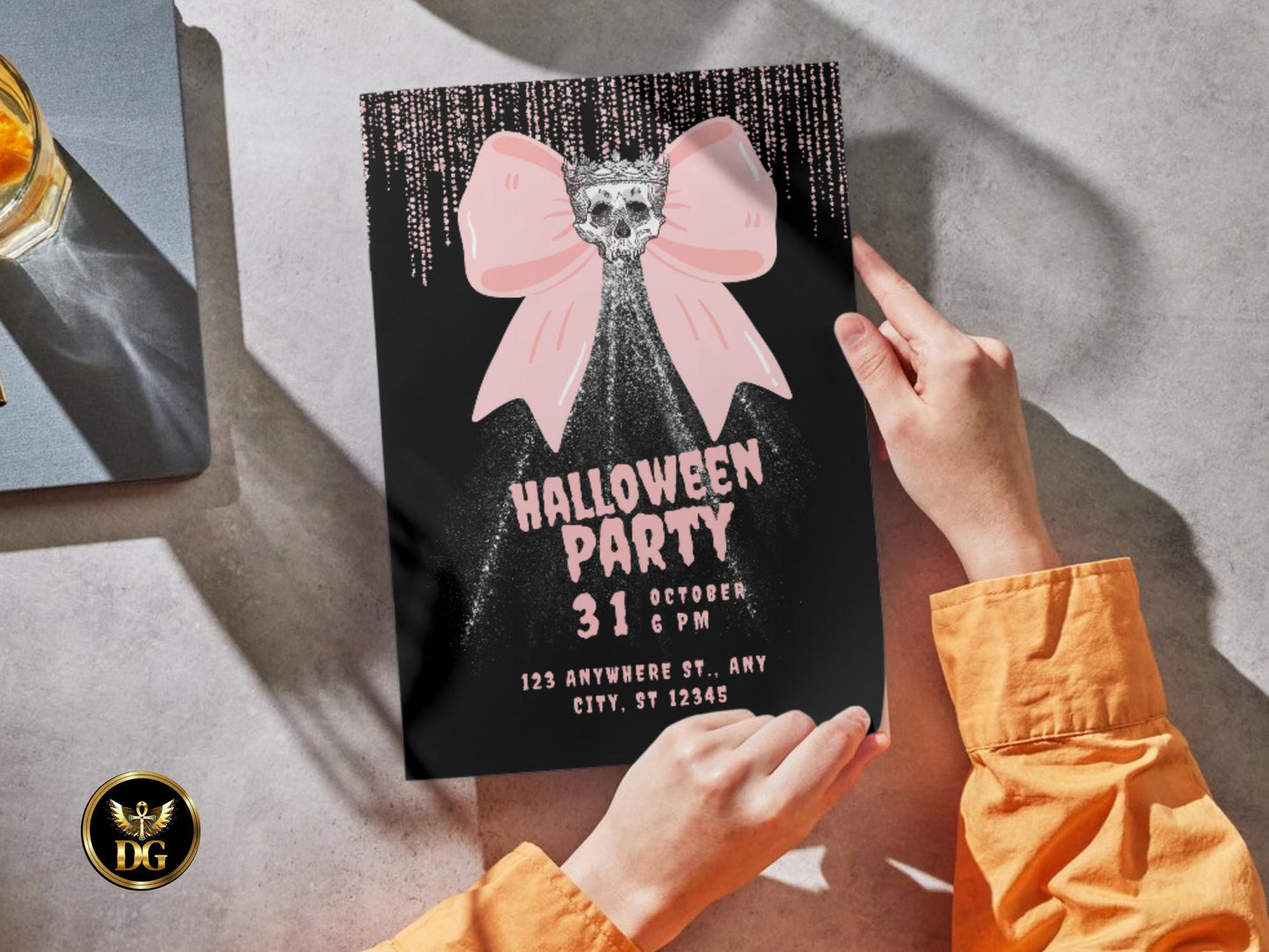 Glam Skull Halloween Party Invitation: Pink Glitter Bow Printable Invitation Template Editable Canva Instant Download