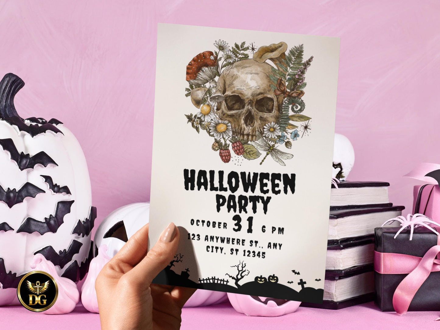Spooky Floral Skull Halloween Party Invitation Printable Digital Download Printable Invitation Template Editable Canva Instant Download